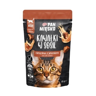 Pan Mięsko Karma mokra dla kota Kawałki w sosie Cielęcina z jeleniem 85g Pan Mięsko Karma mokra dla kota Kawałki w sosie Cielęcina z jeleniem 85g