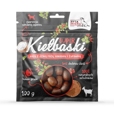 Super kiełbaski dla psa z kozą, dziką różą i kokosem 100g Super kiełbaski dla psa z kozą, dziką różą i kokosem 100g