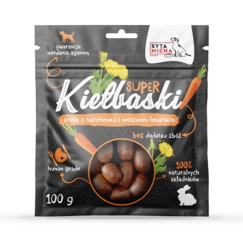 Super kiełbaski dla psa z królikiem, marchewką i mniszkiem 100g Super kiełbaski dla psa z królikiem, marchewką i mniszkiem 100g