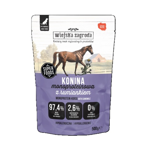 Wiejska Zagroda Konina z rumiankiem Monoproteinowa mokra karma dla psa 500g Wiejska Zagroda Konina z rumiankiem Monoproteinowa mokra karma dla psa 500g